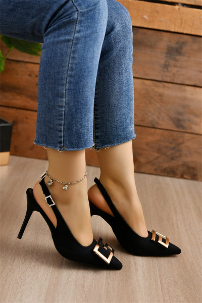 Baotou high-heeled sandals with pointed back hollow metal buckle and slim heels