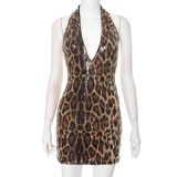 Sleeveless hanging neck leopard print bead deep V-neck exposed backpack hip dress