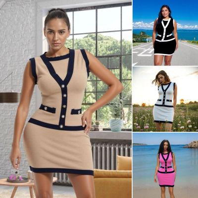 Button color blocked sleeveless single breasted knitted dress