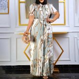Printed pleated tied long skirt plus size dress