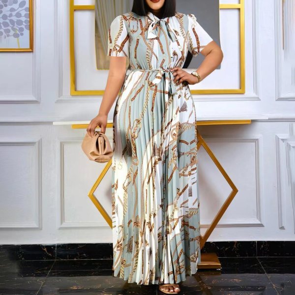 Printed pleated tied long skirt plus size dress