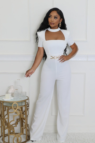 Production outfit of scarf short sleeved wide leg jumpsuit cover