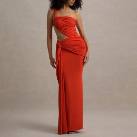 Single shoulder backless strapless tied pleated long skirt