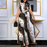 Printed pleated tied long skirt plus size dress