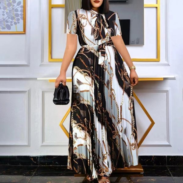 Printed pleated tied long skirt plus size dress