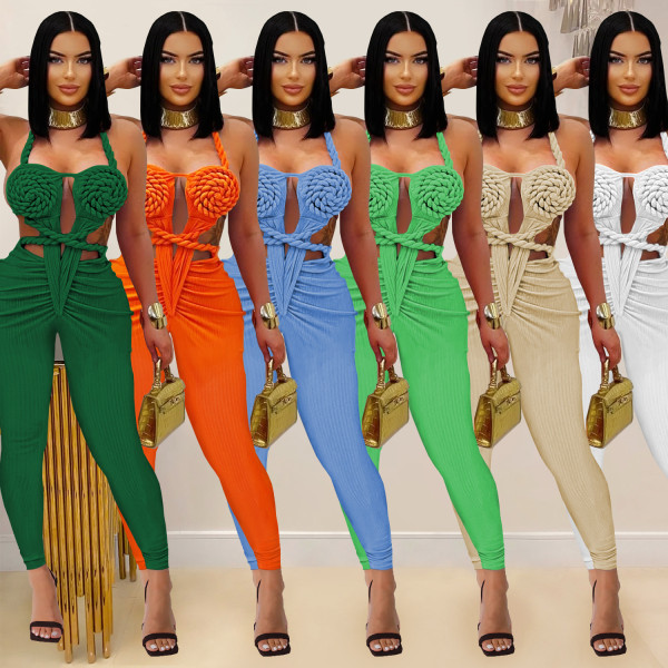 Hanging neck backless solid color jumpsuit