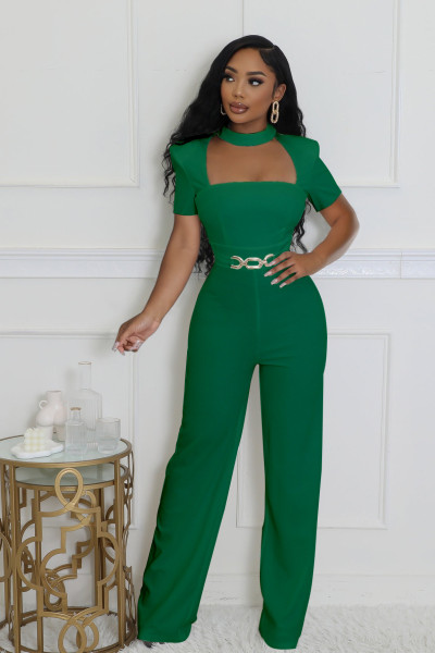 Production outfit of scarf short sleeved wide leg jumpsuit cover