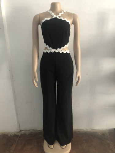 Wave line splicing sleeveless wide leg jumpsuit