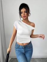 Slanted shoulder collar pleated crop top with exposed navel Slanted shoulder collar pleated crop top with exposed navel
