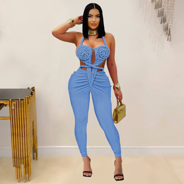 Hanging neck backless solid color jumpsuit