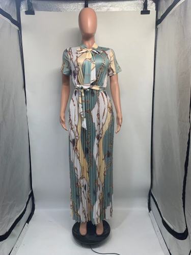 Printed pleated tied long skirt plus size dress