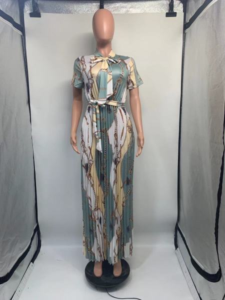 Printed pleated tied long skirt plus size dress
