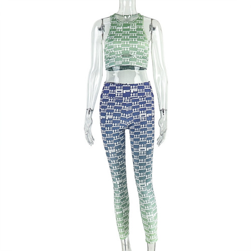 Hollow printed pants set, vest top, small leg pants two-piece set
