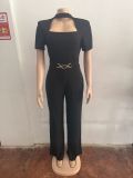 Production outfit of scarf short sleeved wide leg jumpsuit cover