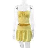 Shoulder less strapless solid color waist cinched A-line skirt two-piece set
