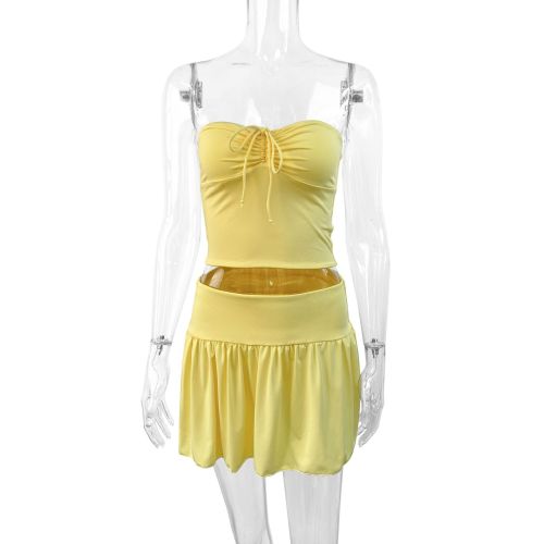 Shoulder less strapless solid color waist cinched A-line skirt two-piece set