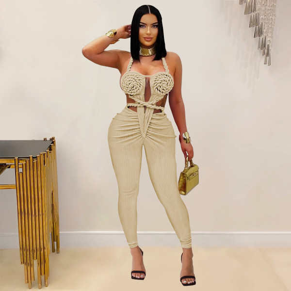 Hanging neck backless solid color jumpsuit