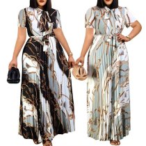 Printed pleated tied long skirt plus size dress