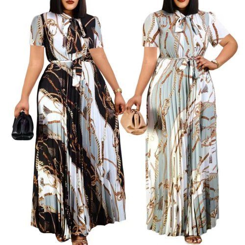 Printed pleated tied long skirt plus size dress