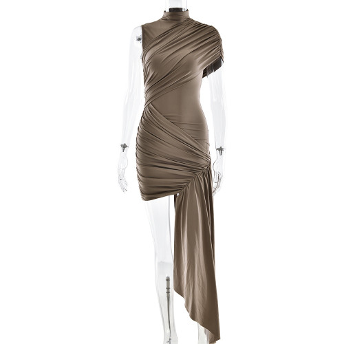 Ribbon round neck pleated bag hip irregular sleeveless dress