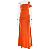 Slanted shoulder pleated side slit dress