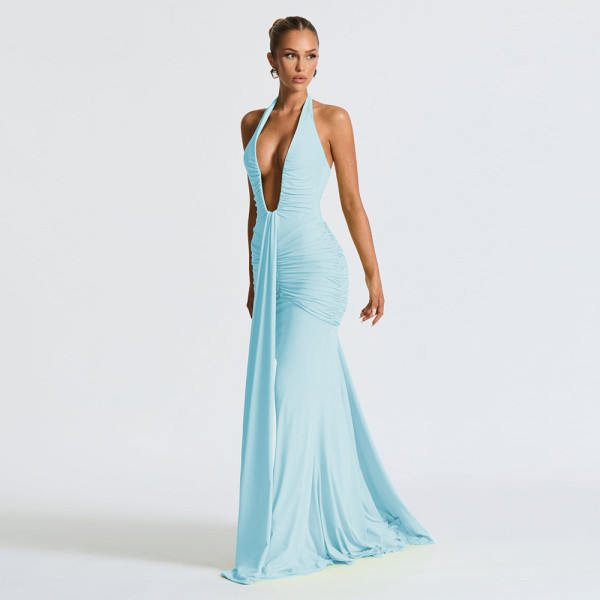 Hanging neck deep V waist cinched backless ribbon fish tail dress