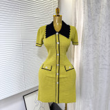 Color blocked polo collar short sleeved knitted dress