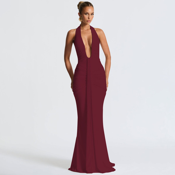 Hanging neck deep V waist cinched backless ribbon fish tail dress
