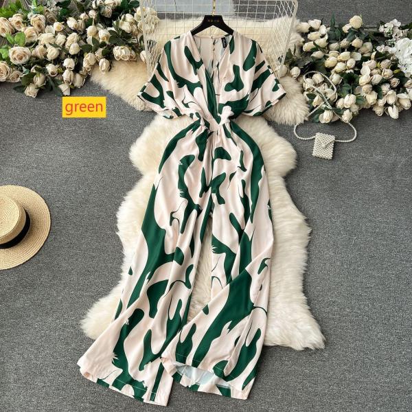 V-neck waist length printed straight leg wide leg pants