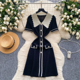 Color blocked polo collar short sleeved knitted dress
