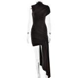 Ribbon round neck pleated bag hip irregular sleeveless dress