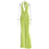 Hanging neck deep V waist cinched backless ribbon fish tail dress