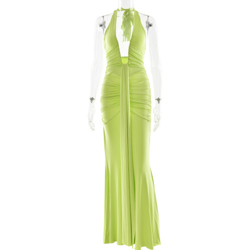 Hanging neck deep V waist cinched backless ribbon fish tail dress