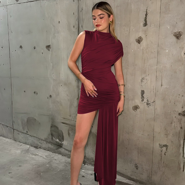 Ribbon round neck pleated bag hip irregular sleeveless dress