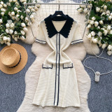 Color blocked polo collar short sleeved knitted dress