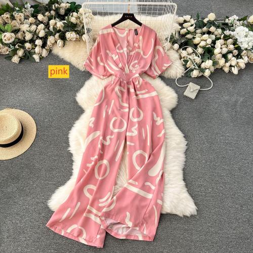 V-neck waist length printed straight leg wide leg pants