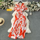 V-neck waist length printed straight leg wide leg pants