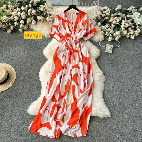 V-neck waist length printed straight leg wide leg pants