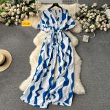 V-neck waist length printed straight leg wide leg pants