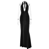 Hanging neck deep V waist cinched backless ribbon fish tail dress