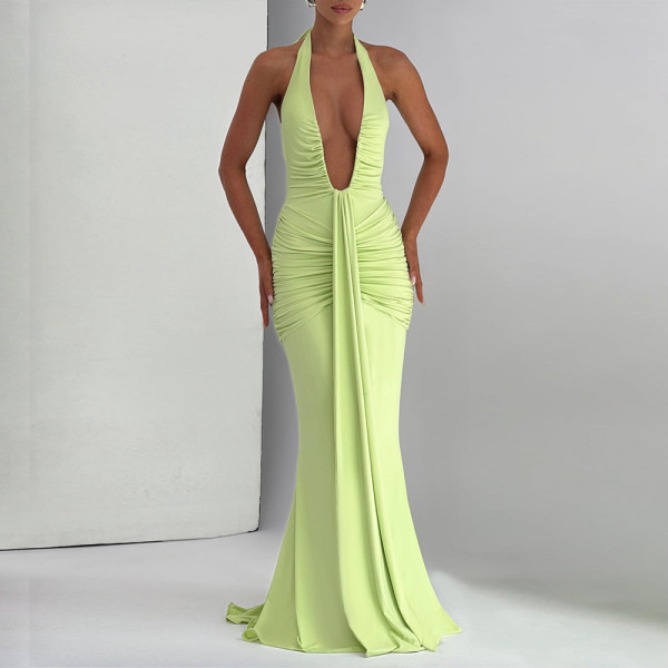 Hanging neck deep V waist cinched backless ribbon fish tail dress