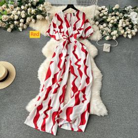 V-neck waist length printed straight leg wide leg pants