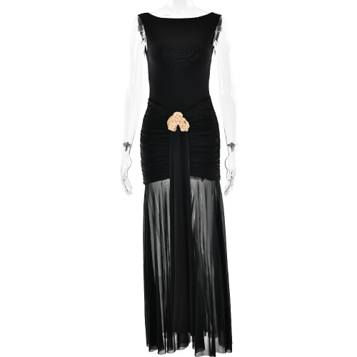 Sleeveless backless slit pleated waist cinching long skirt