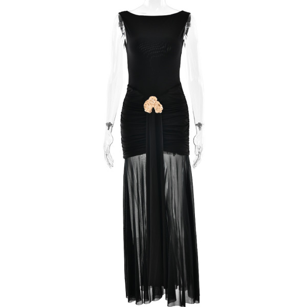 Sleeveless backless slit pleated waist cinching long skirt
