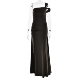 Slanted shoulder pleated side slit dress