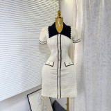 Color blocked polo collar short sleeved knitted dress