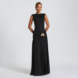 Sleeveless backless slit pleated waist cinching long skirt