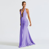 Hanging neck deep V waist cinched backless ribbon fish tail dress