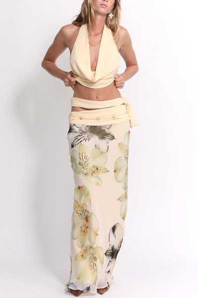 Backless hanging neck top printed long skirt two-piece set