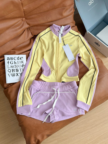 Color blocked long sleeved shirt shorts yoga two-piece set